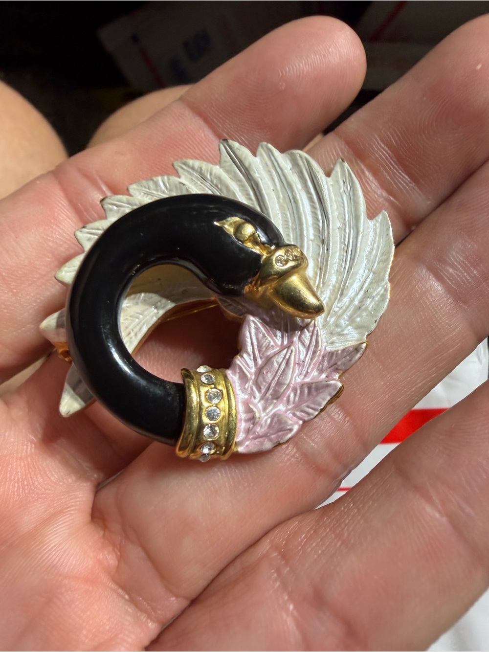 Vintage Swan Brooch Pin with Black Enamel & Pink Leaf Accent